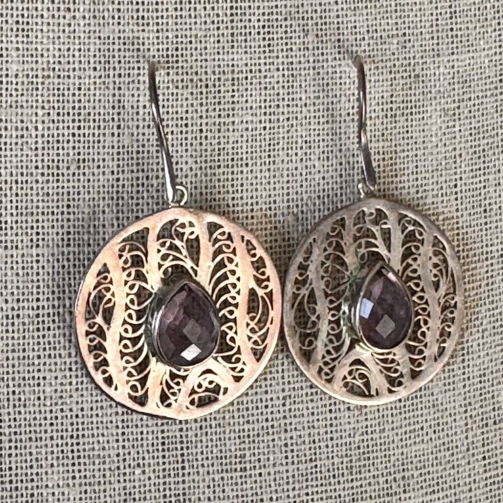 Vintage Boho Sterling Silver Filigree Drop Earrings with Pear-Cut Amethyst Accen
